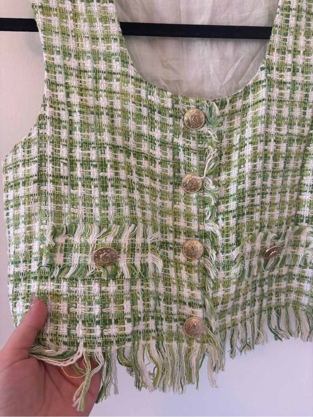 Green Tweed Fringe Button-Front Zara Top - Picture 5 of 6